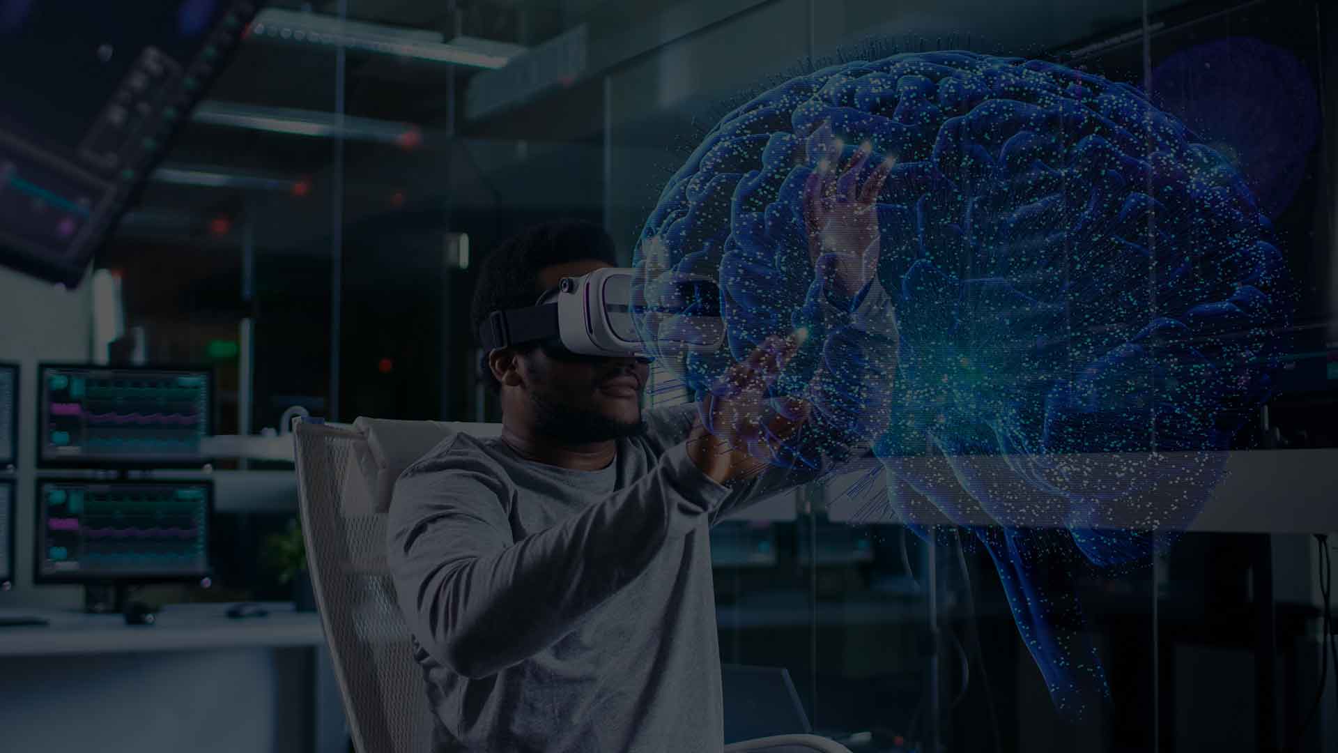 Man Interacting with Digital Brain in Virtual Reality Headset