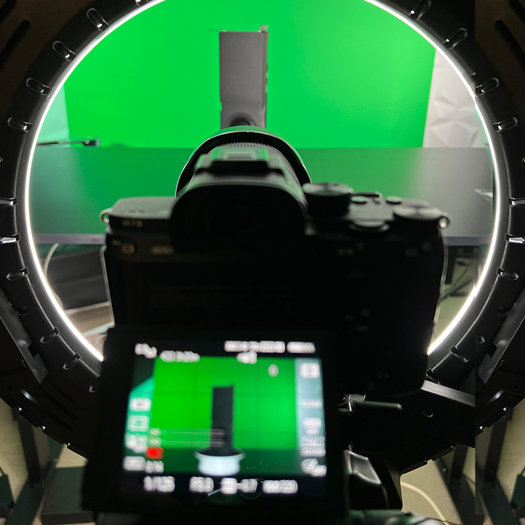 Camera facing greenscreen and NVIDIA RTX 6000 Ada GPU