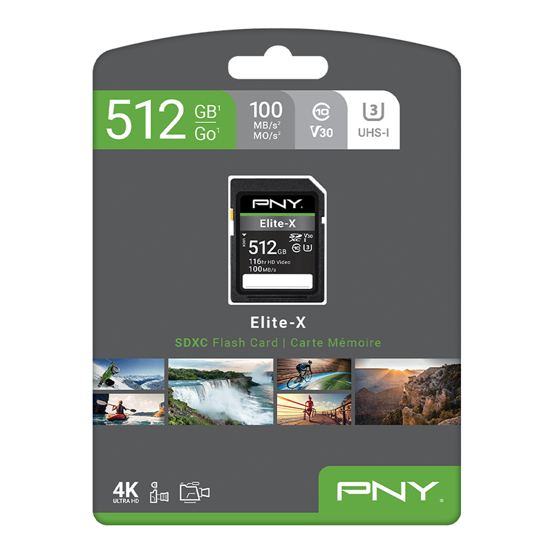 PNY 512GB Elite-X Class 10 U3 V30 SDXC Flash Memory Card P-SD512U3100EX-GE 